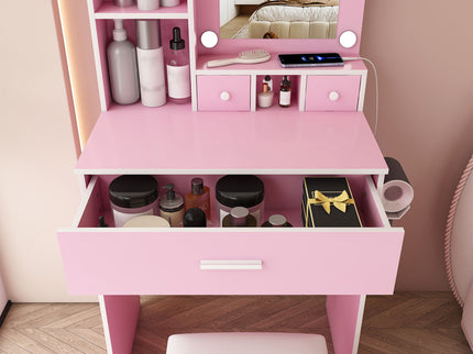 Vanity Table With Mirror, Adjustable LED Lights, Power Outlet, Hairdryer Holder & Stool