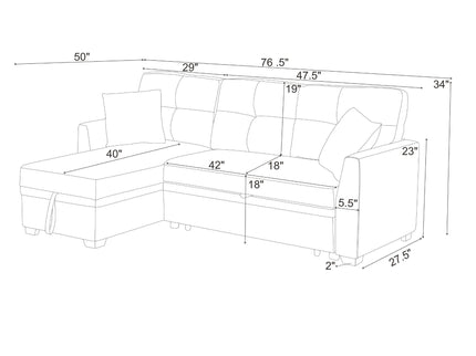 Upholstered Sectional & Pull Out Bed And Chaise Storage - Almond