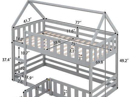 Twin Over Twin House Bunk Bed With Fence And Door