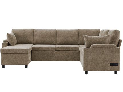 U-Shaped Sectional Sofa Bed With Storage, Charging Ports, And Cup Holders - Brown