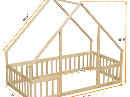 Wood House-Shaped Floor Bed With Fence, Guardrails
