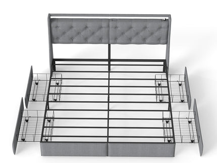 Platform Bed Frame With RGB LED Lights, Charging Station, Storage Headboard & 4 Underbed Drawers