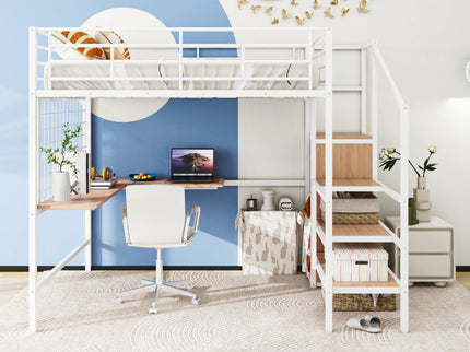 Loft Bed With Desk And Grid, Stylish Frame With Lateral Storage Ladder And Wardrobe