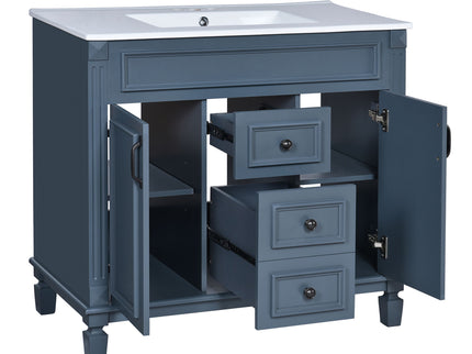 36" Bathroom Vanity With Top Sink, Basin On Cabinet With 2 Soft Closing Doors And 2 Drawers - Blue