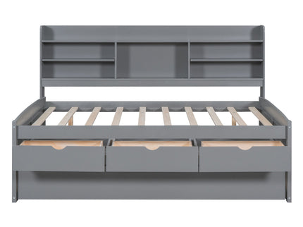 Captain Bed With Built In Bookshelves, 3 Storage Drawers, And Trundle