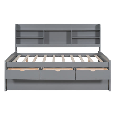 Captain Bed With Built In Bookshelves, 3 Storage Drawers, And Trundle