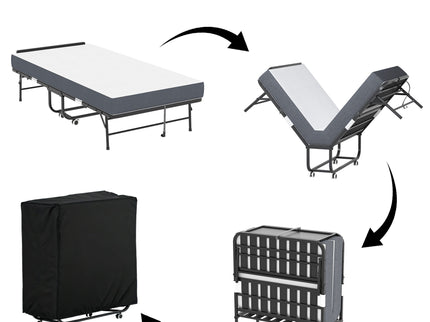 Twin Folding Bed With Adjustable Headboard, Memory Foam For Tall People, Heavy-Duty Portable On Wheels, Easy Assembly - Black