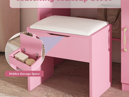 Vanity Desk With LED Mirror Lights And Power Outlet Charging Station, 3 Drawers, 7 Shelves, Storage Stool - Pink