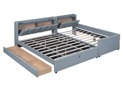 Upholstered Mother & Child Bed With Hydraulic Storage System, Drawer Box, Bedhead Storage Shelf And 2 Pairs Of Sockets & USB Ports