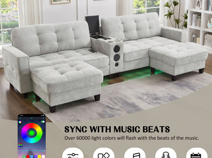 Modern Sectional Sofa U-Shaped With Movable Ottomans, tooth Speakers, LED Lights And Modular Storage