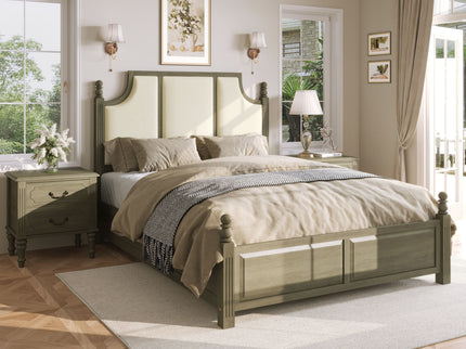 Farmhouse Platform Bed Frame With Tall Linen Upholstered Headboard