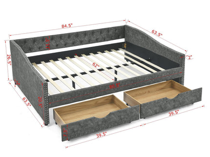 Upholstered Tufted Daybed With Drawers, Waved Arms