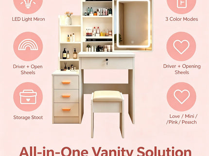 Vanity Set With LED Mirror, Storage Dressing Table & Cushioned Stool - Cream White