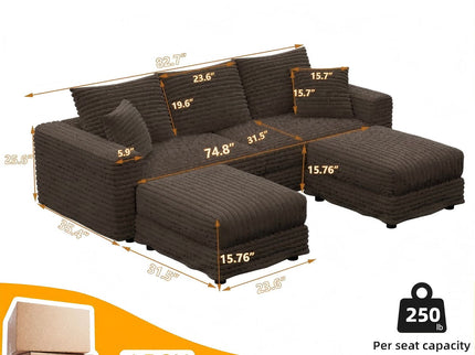 Deep Seat Convertible Sofa With Soft Pillows And Ottomans