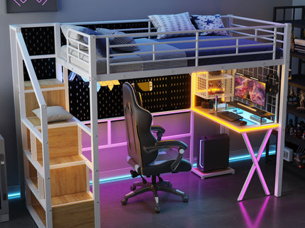 Loft Bed With Built In Work Station, Wardrobe, Storage Staircase And LED