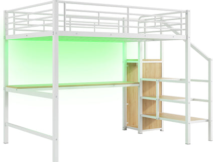 Loft Bed With Desk, Storage Staircase, Small Wardrobe And LED Light