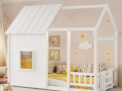 House Floor Bed With 7 Color LED Light, Built In Bookshelf
