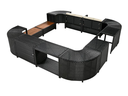 Spa Surround Spa Frame Quadrilateral Outdoor Rattan Sectional Sofa Set With Mini Sofa, Wooden Seats And Storage Spaces