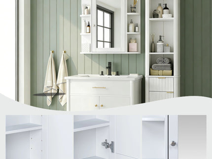 Bathroom Wall Storage Cabinet With Mirror And Adjustable Shelf, 6 Open Shelves