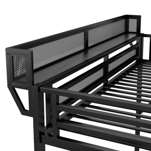 Queen Size Loft Bed With Stairs, Storage Shelves, Wardrobe - Black