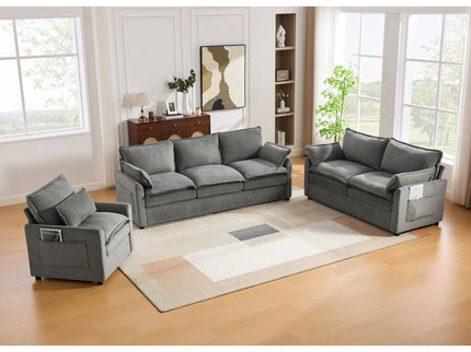 Modern Sofa Set With Double Layer Cushion And Side Storage Pockets
