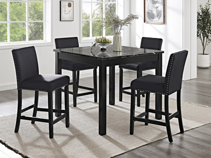 5 Piece Counter Height Dining Set With Table, Tufted Nail Head Chairs - Black