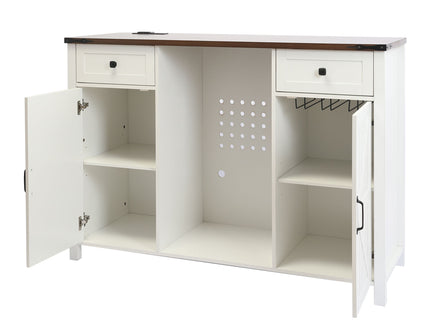 Coffee Bar With Mini Fridge Space & Built In Charging Station, Large Bar Cabinet With Drawers & Adjustable Shelves For Kitchen - White