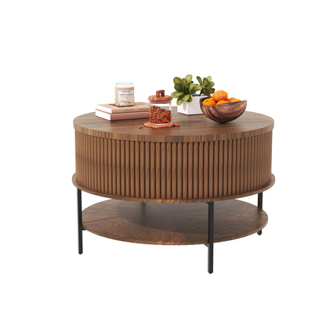 Lift Top Coffee Table, Round Storage Cocktail Table With Reinforced Legs, Safe Rounded Design - Brown