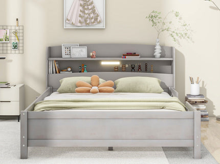 Wood Platform Bed With Built In LED Light, Storage Headboard And Guardrail