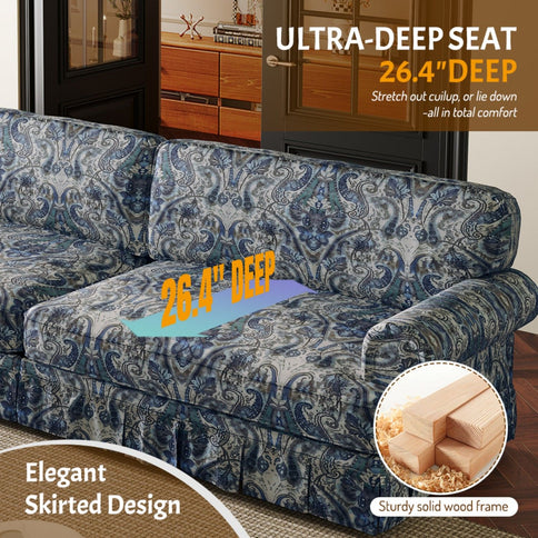 Luxuriously Comfortable Cloud Couch Sofa With Elegant Rolled Arms & Pleated Skirt Design
