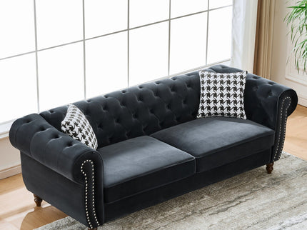 Chesterfield Upholstery Fabric Sofa With Roll Armrest & Nailhead, Mid Century Modern 3 And 3 Seater Couch