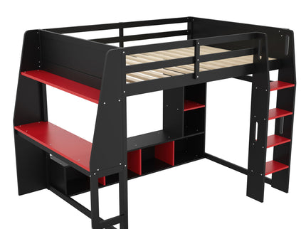 Gaming Loft Bed With Desk, Multi Storage Shelves, LED Lighting, And Hanging Clothes Rack
