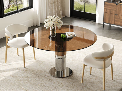 Round Dining Table & Tempered Glass Top - Brown