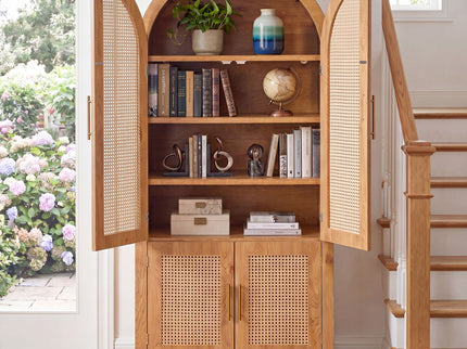 Tall Arched Cabinet With Rattan Doors & Adjustable Shelves