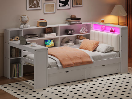 Platform Bed With Upholstered Headboard, Storage Shelves, Drawers, Charging Station, LED Lighting, Built In Desk