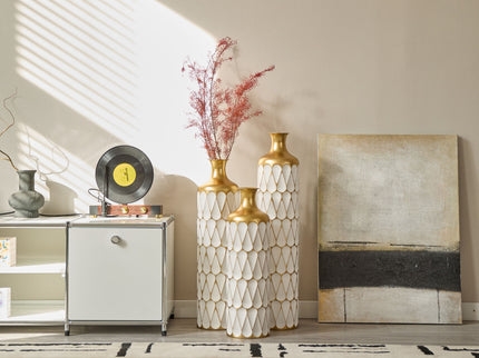 Floor Metal Vase Modern Style Decoration Home Droplet Shaped Metal Vase 3 Piece Set Gorgeous Home Decoration Large Glazed Metal Vase - Gold / White