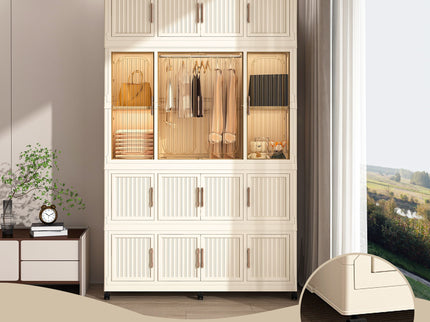 Portable Wardrobe Closet Storage Organizer With 17 Magnetic Doors, 17 Cubes, Hanging Rod & 6 Hangers - Creamy White