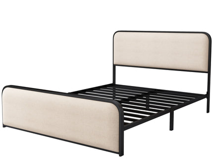 Modern Bed With Curved Upholstered Headboard And Footboard, Heavy Duty Metal Slats