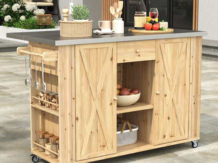 Outdoor Kitchen Island With Stainless Steel Top, Ample Storage Space, Towel And Spice Racks And A Bottle Opener