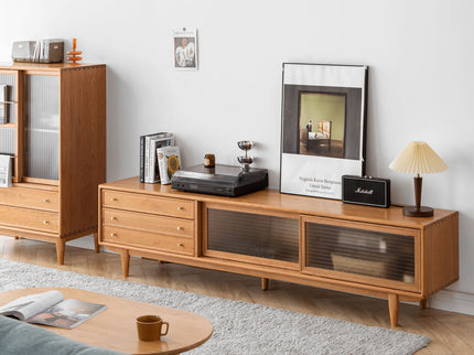 TV Cabinet With Chinese Changhong Glass Doors, Two Drawer Storage Space TV Standing - Cherry