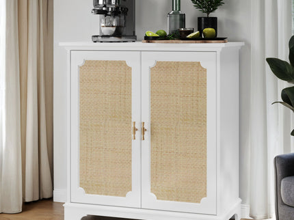 Rattan Decorated Sideboard Buffet Storage Liquor Cabinet - White
