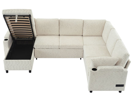 U-Shaped Sectional Sleeper Sofa With Ample Storage Space, 2 Cup Holders And Charging Ports For Living Room