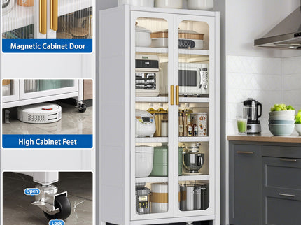 6 Tier Storage Cabinet With Transparent Door, Adjustable Shelves & Wheels