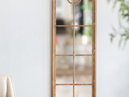 Half Round Elongated Mirror With Decorative Window Look Classic Architecture Style Solid Fir Wood Interior Decor - Brown