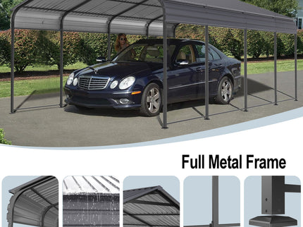 Metal Carport 12 X 20 Ft Heavy Duty With Galvanized Steel Roof Metal Garage Canopy With Galvanized Steel Roof & Frame Car Tent Outdoor Storage Shed For Car Boats And Truck - Alabaster / Dark Gray