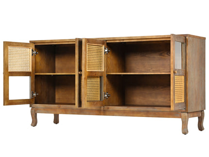Retro Industrial 4 Door Sideboard With Large Storage, Rattan And Glass Doors