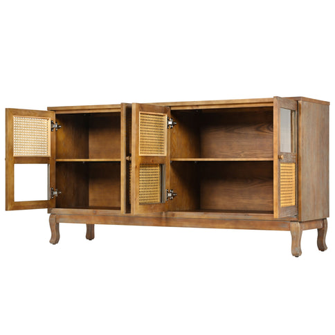 Retro Industrial 4 Door Sideboard With Large Storage, Rattan And Glass Doors