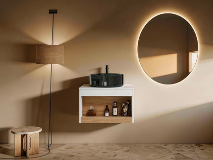 Floating Bathroom Vanity With Vessel Sink With Open Shelf Storage