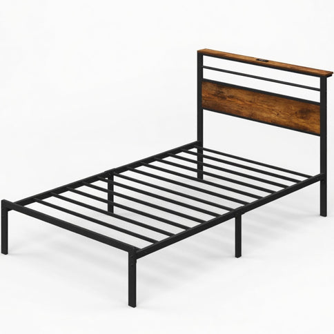 Platform Bed Frame With Charging Station & Headboard Shelves