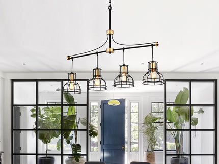 Dining Room Light Fixture / Chandelier Table, 40 -" Hanging For Farmhouse Linear Chandeliers, 5 Light Kitchen Island Lighting Ceiling Chandelier, With Metal Lampshade - Gold / Matte Black